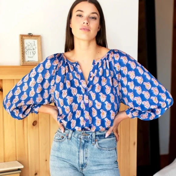 Emerson Fry Frances Blouse in Blue Paisley Flowers | Size Medium - Picture 11 of 13